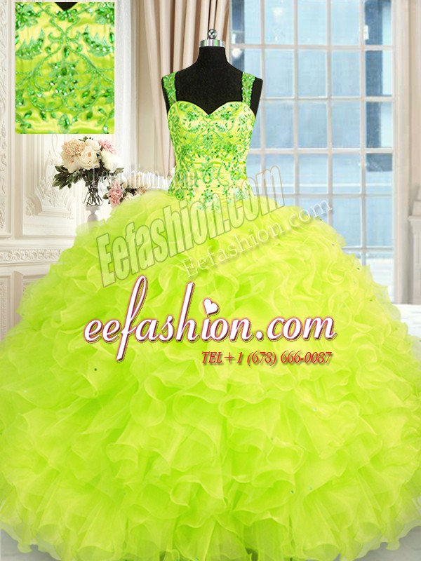 Beading and Embroidery and Ruffles Ball Gown Prom Dress Yellow Green Lace Up Sleeveless Floor Length