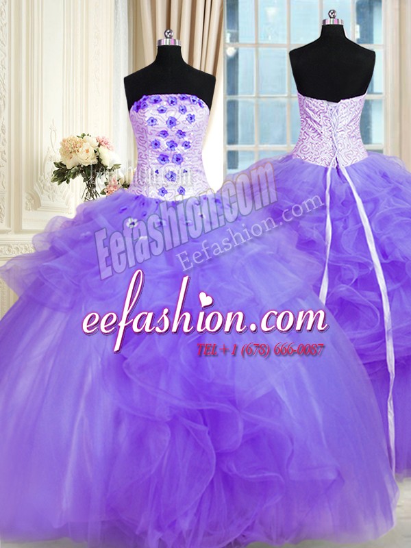 Lavender Strapless Neckline Pick Ups and Hand Made Flower Quinceanera Dresses Sleeveless Lace Up