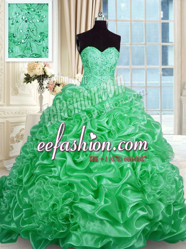 Glorious Beading Quinceanera Gowns Green Lace Up Sleeveless Sweep Train