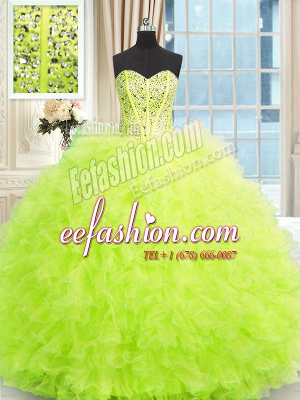 Floor Length Lace Up Quinceanera Dress Yellow Green for Military Ball and Sweet 16 and Quinceanera with Beading and Ruffles