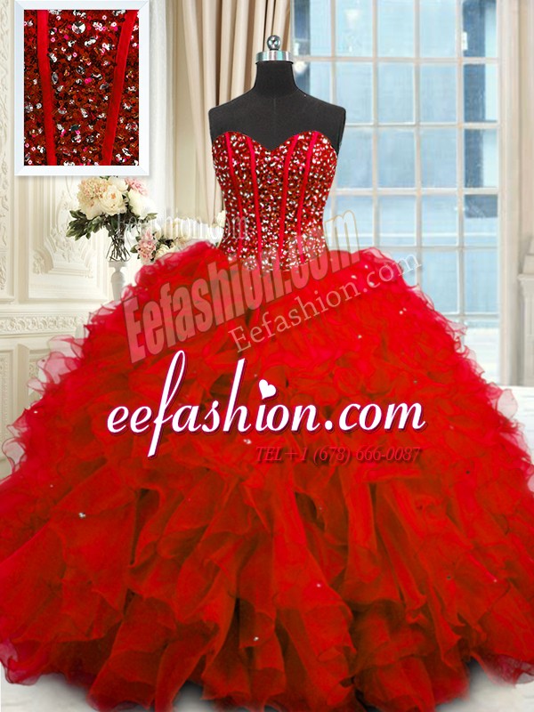 Flare Red Sleeveless Floor Length Beading and Ruffles and Sequins Lace Up Sweet 16 Dresses