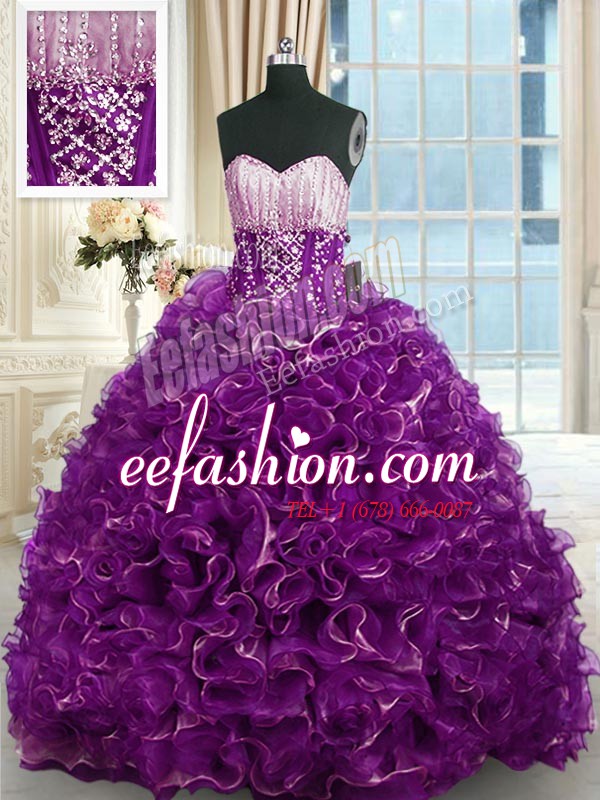  Organza Sleeveless With Train Quinceanera Gowns Brush Train and Beading and Ruffles