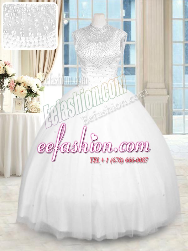 Affordable White Zipper High-neck Beading Ball Gown Prom Dress Tulle Sleeveless