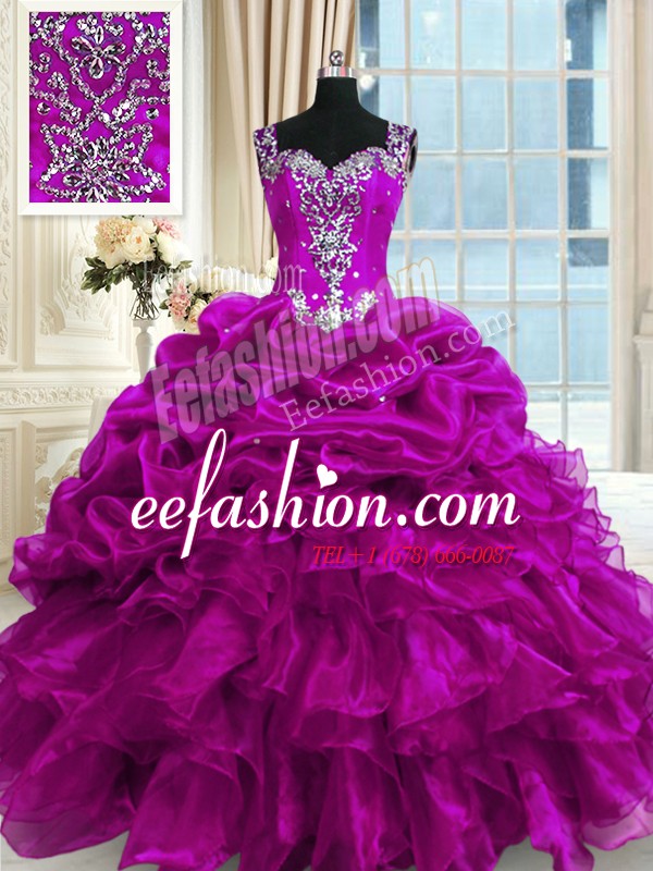 Fantastic Fuchsia Organza Lace Up Straps Sleeveless Floor Length 15 Quinceanera Dress Beading and Ruffles and Pick Ups