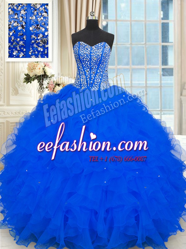  Royal Blue Sleeveless Organza Lace Up Quinceanera Dresses for Military Ball and Sweet 16 and Quinceanera
