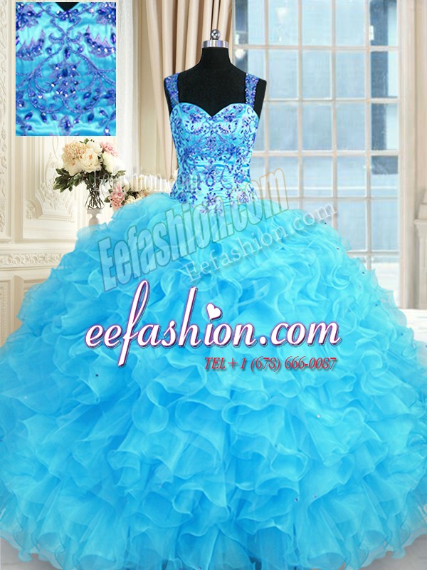Romantic Baby Blue Straps Lace Up Embroidery and Ruffles Vestidos de Quinceanera Sleeveless