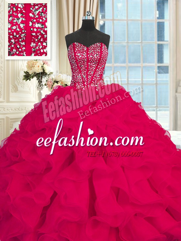  Red Organza Lace Up Sweet 16 Dresses Sleeveless Brush Train Beading and Ruffles
