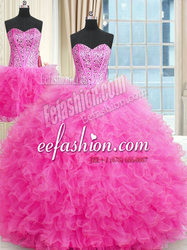 Three Piece Rose Pink Ball Gowns Strapless Sleeveless Tulle Floor Length Lace Up Beading and Ruffles Quinceanera Dresses