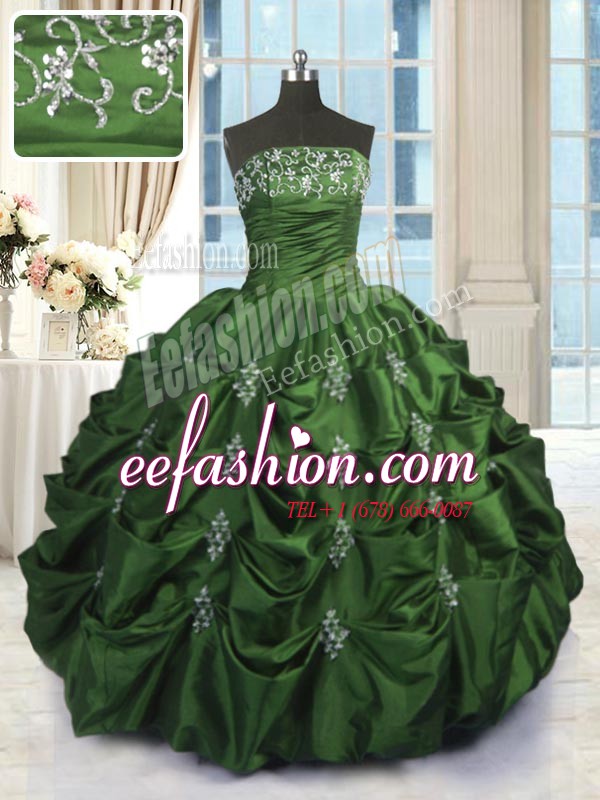  Green Ball Gowns Strapless Sleeveless Taffeta Floor Length Lace Up Beading and Appliques and Embroidery and Pick Ups Vestidos de Quinceanera