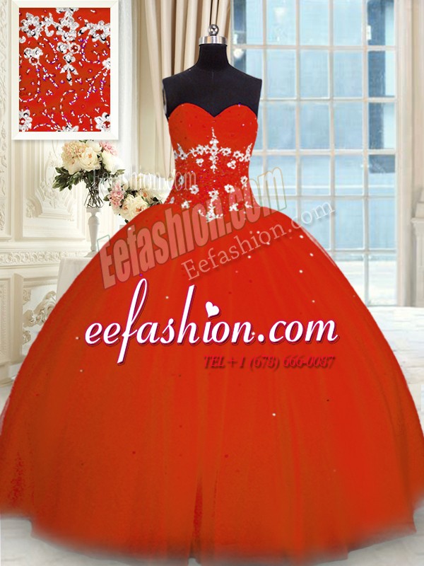 Sleeveless Floor Length Appliques Lace Up Quinceanera Gowns with Red