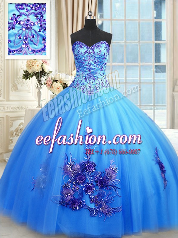  Blue Sleeveless Floor Length Beading and Appliques and Embroidery Lace Up Vestidos de Quinceanera