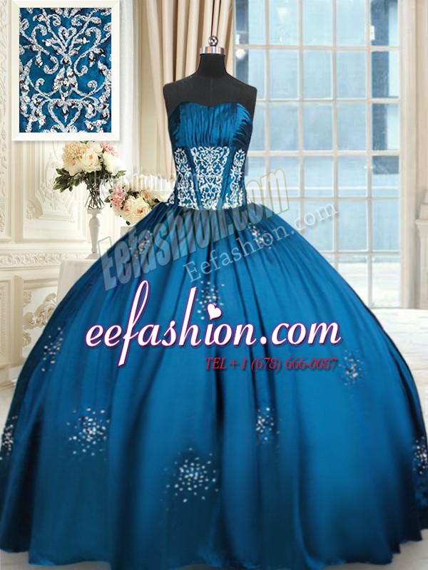 Strapless Sleeveless Lace Up Quinceanera Dresses Blue and Teal Taffeta