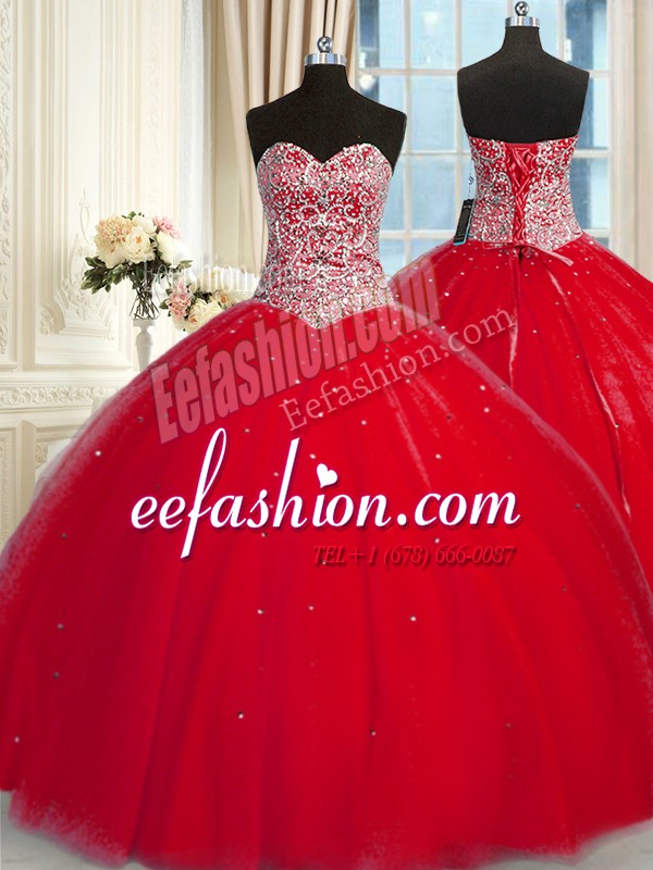  Sequins Ball Gowns Quinceanera Gowns Red Halter Top Tulle Sleeveless Lace Up