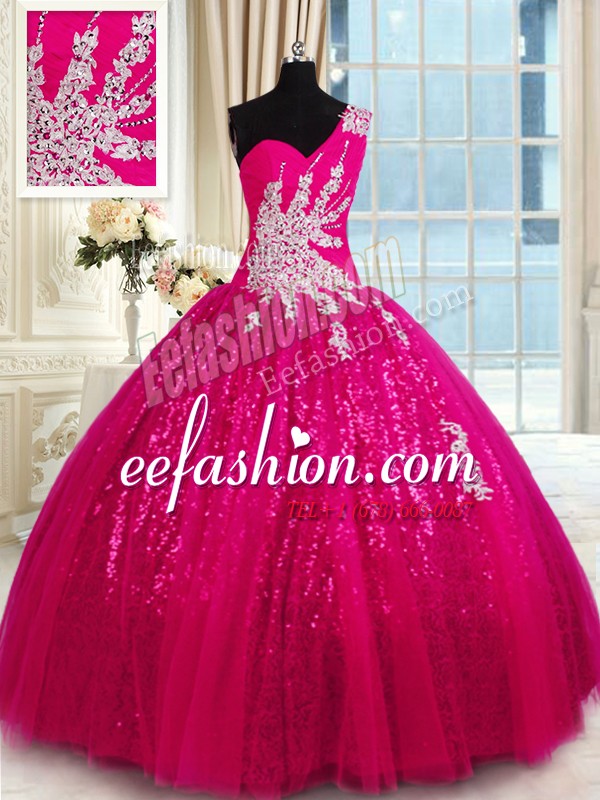 Discount Hot Pink Ball Gowns One Shoulder Sleeveless Tulle and Sequined Floor Length Lace Up Appliques Vestidos de Quinceanera
