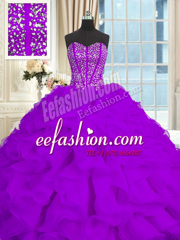 Eggplant Purple Lace Up Quinceanera Dresses Beading and Ruffles Sleeveless With Brush Train