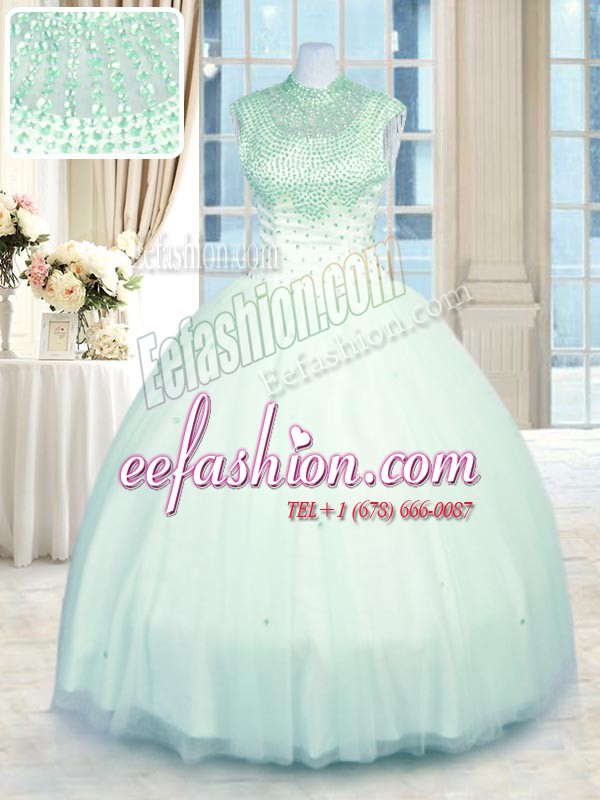 Colorful High-neck Sleeveless Quinceanera Gown Floor Length Beading Apple Green Tulle