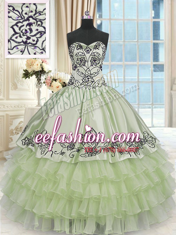  Sleeveless Floor Length Beading and Embroidery and Ruffled Layers Lace Up Quinceanera Dress with Yellow Green