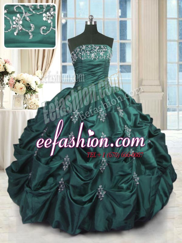 Custom Made Peacock Green Strapless Lace Up Beading and Appliques and Embroidery and Pick Ups Sweet 16 Quinceanera Dress Sleeveless