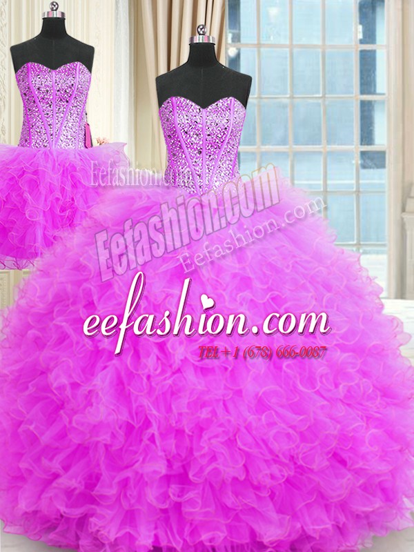 Fine Three Piece Lilac Ball Gowns Tulle Strapless Sleeveless Beading and Ruffles Floor Length Lace Up Ball Gown Prom Dress