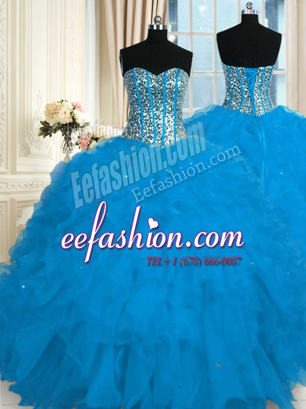 Perfect Blue Lace Up Sweet 16 Dresses Beading and Ruffles Sleeveless Floor Length