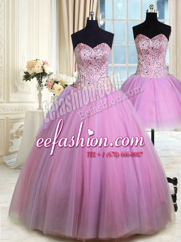 Beauteous Three Piece Lilac Ball Gowns Beading Quinceanera Gown Lace Up Tulle Sleeveless Floor Length