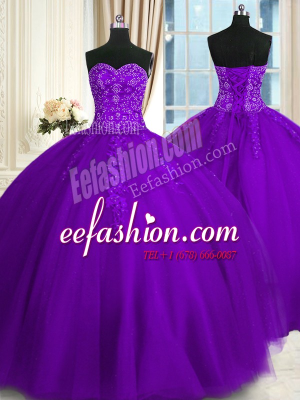 Traditional Sleeveless Floor Length Appliques Lace Up Quinceanera Dresses with Purple
