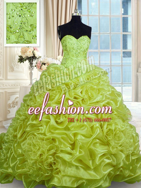 Luxurious Olive Green Ball Gowns Sweetheart Sleeveless Organza With Train Sweep Train Lace Up Beading and Pick Ups Sweet 16 Dresses