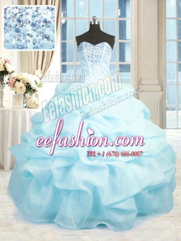 Flirting Sleeveless Floor Length Beading and Ruffles Lace Up Sweet 16 Dresses with Baby Blue