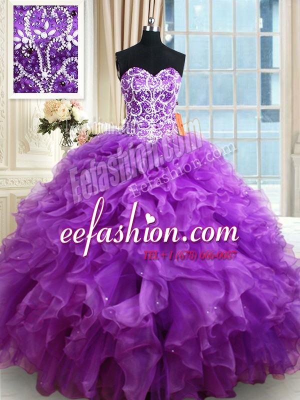 Nice Purple Sleeveless Beading and Ruffles Floor Length Quinceanera Gown