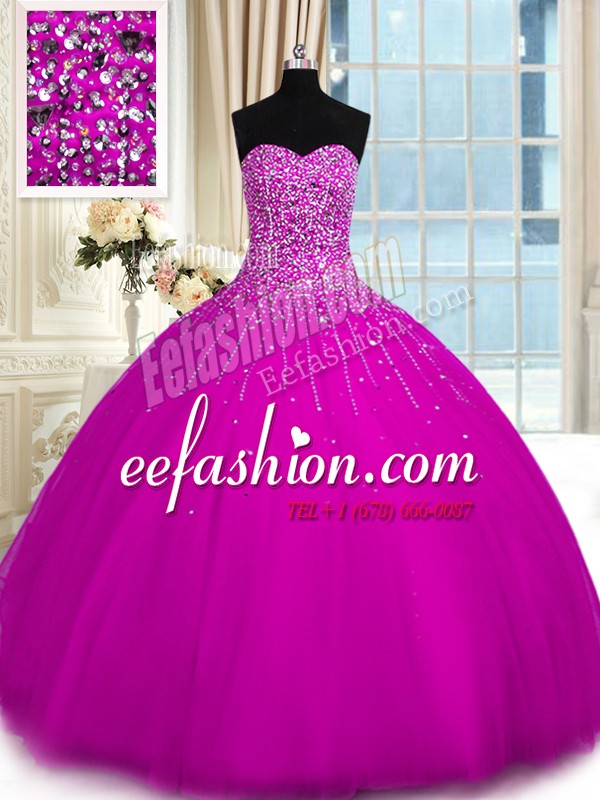 Smart Fuchsia Lace Up 15th Birthday Dress Beading Sleeveless Floor Length