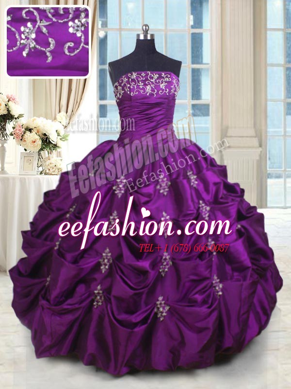 Beautiful Eggplant Purple Strapless Neckline Beading and Appliques and Embroidery and Pick Ups Quinceanera Gown Sleeveless Lace Up