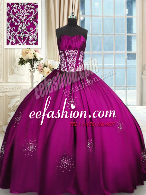  Fuchsia Quinceanera Dress Military Ball and Sweet 16 and Quinceanera and For with Beading and Appliques and Ruching Strapless Sleeveless Lace Up