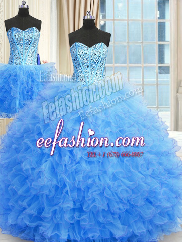  Three Piece Baby Blue Sleeveless Tulle Lace Up Vestidos de Quinceanera for Military Ball and Sweet 16 and Quinceanera