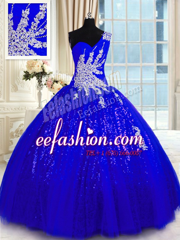 Clearance One Shoulder Appliques Sweet 16 Quinceanera Dress Royal Blue Lace Up Sleeveless Floor Length