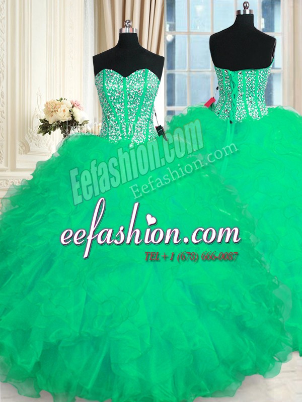  Turquoise Lace Up 15th Birthday Dress Beading and Ruffles Sleeveless Floor Length