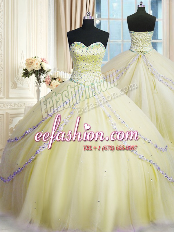 With Train Ball Gowns Sleeveless Light Yellow Quince Ball Gowns Court Train Lace Up