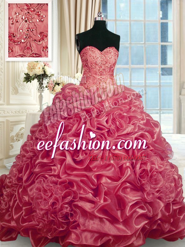 High Class Sleeveless Organza With Train Lace Up Sweet 16 Dresses in Red with Beading and Pick Ups