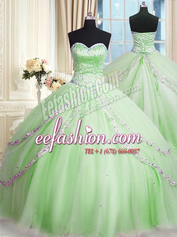  With Train Ball Gowns Sleeveless Apple Green Quinceanera Gowns Court Train Lace Up