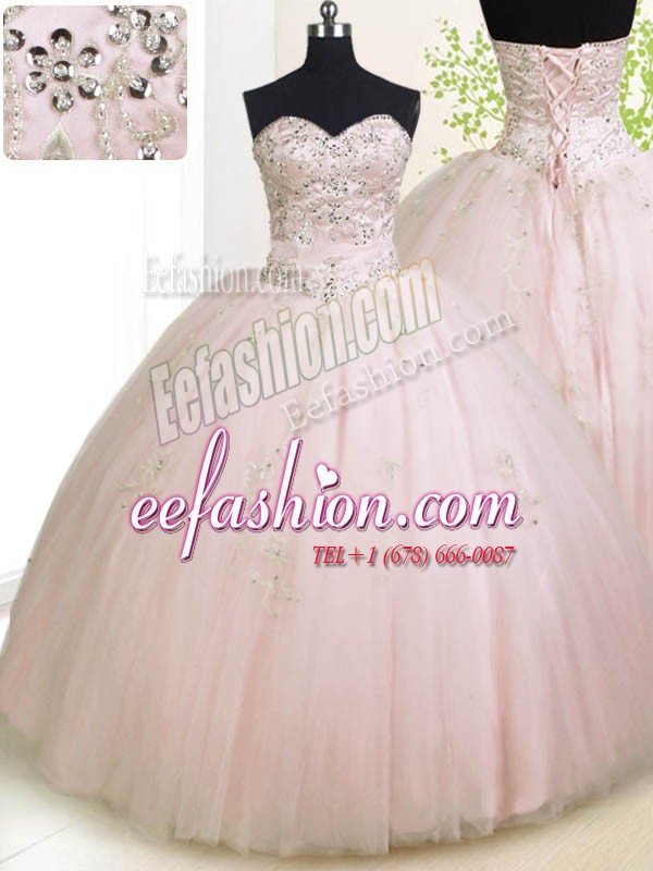 Fashionable Sweetheart Sleeveless Lace Up Sweet 16 Quinceanera Dress Baby Pink Tulle