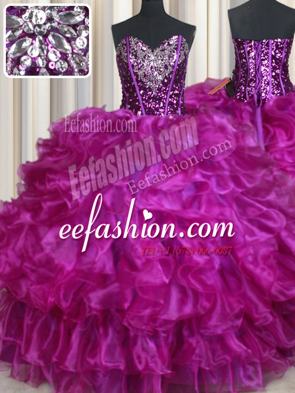 Fantastic Fuchsia Organza Lace Up Sweet 16 Quinceanera Dress Sleeveless Floor Length Beading and Ruffles