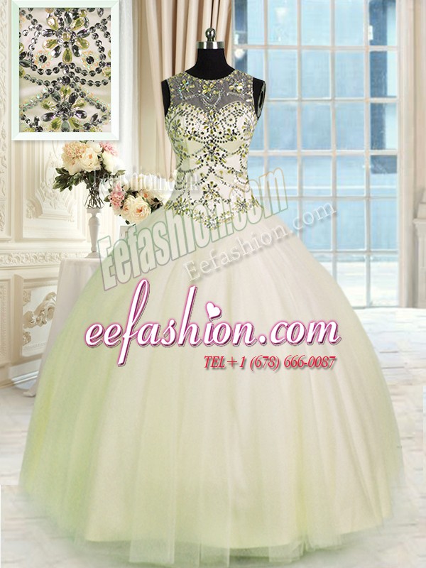  Tulle Scoop Sleeveless Lace Up Beading Quince Ball Gowns in Champagne