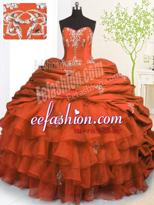 Orange Red Ball Gowns Beading and Appliques and Ruffled Layers and Pick Ups Quinceanera Gown Lace Up Organza and Taffeta Sleeveless With Train