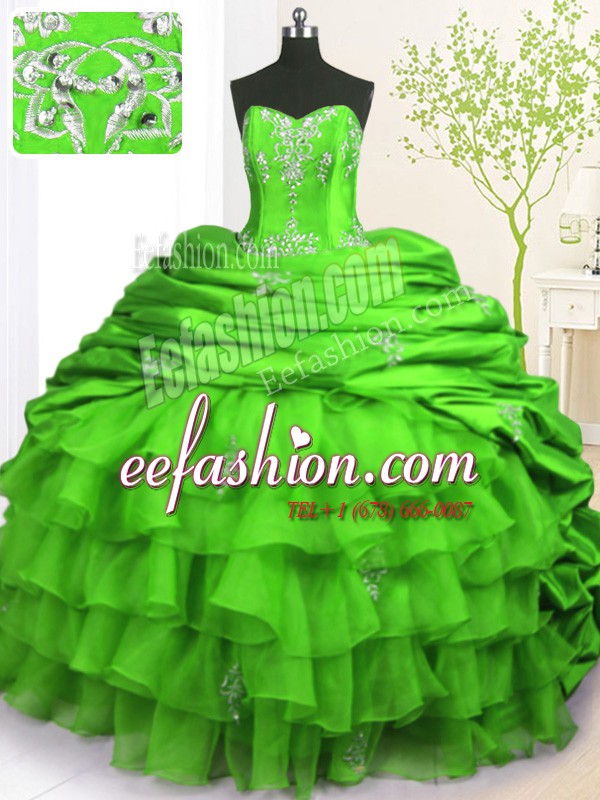 Fitting Beading and Appliques and Ruffled Layers and Pick Ups Sweet 16 Dresses Green Lace Up Sleeveless With Brush Train