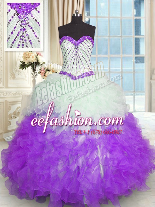 On Sale White And Purple Ball Gowns Sweetheart Sleeveless Organza Floor Length Lace Up Beading and Ruffles 15th Birthday Dress
