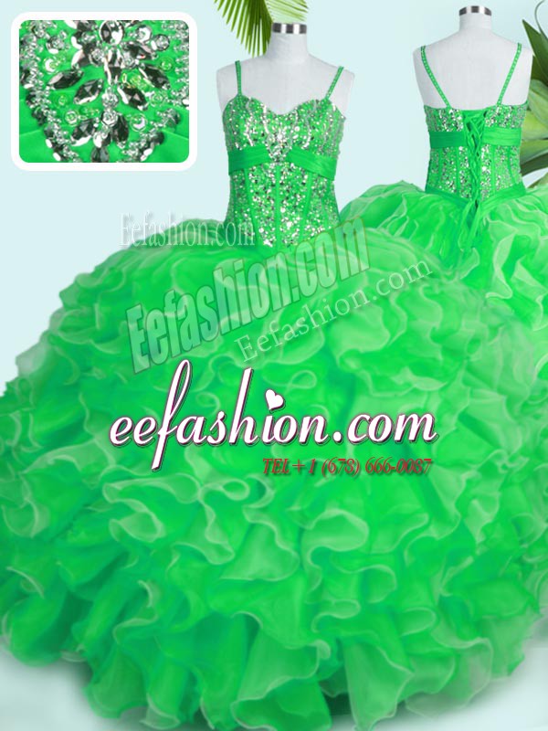Sleeveless Organza Floor Length Lace Up Quinceanera Dresses in Green with Beading and Ruffles