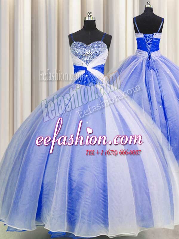 Customized Organza Spaghetti Straps Sleeveless Lace Up Beading and Sequins and Ruching Ball Gown Prom Dress in Blue And White