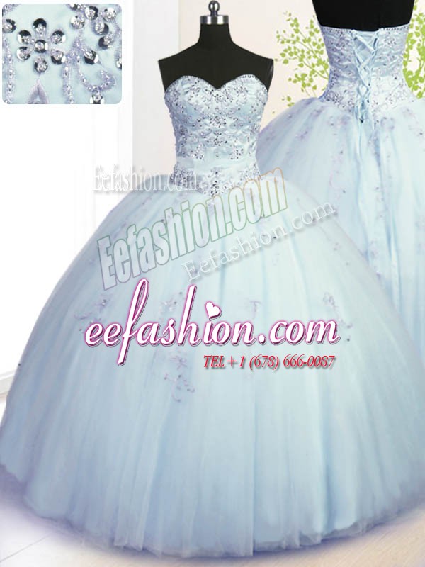 Chic Sleeveless Tulle Floor Length Lace Up Quinceanera Gown in Light Blue with Beading and Appliques