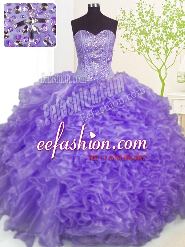  Lavender Sleeveless Floor Length Beading and Ruffles and Pick Ups Lace Up Quinceanera Dresses