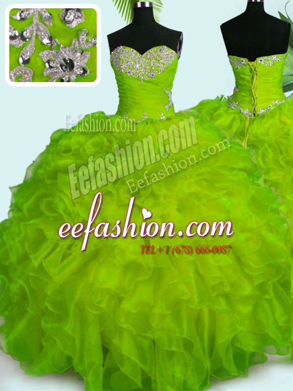 Hot Sale Sleeveless Organza Floor Length Lace Up Sweet 16 Dresses in Yellow Green with Beading and Ruffles