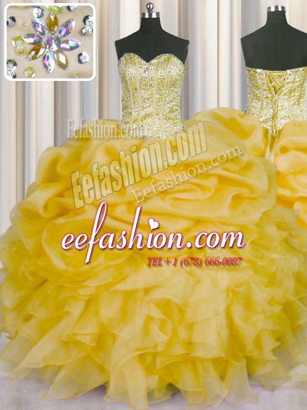 Luxury Beading and Ruffles and Pick Ups Quince Ball Gowns Gold Lace Up Sleeveless Floor Length